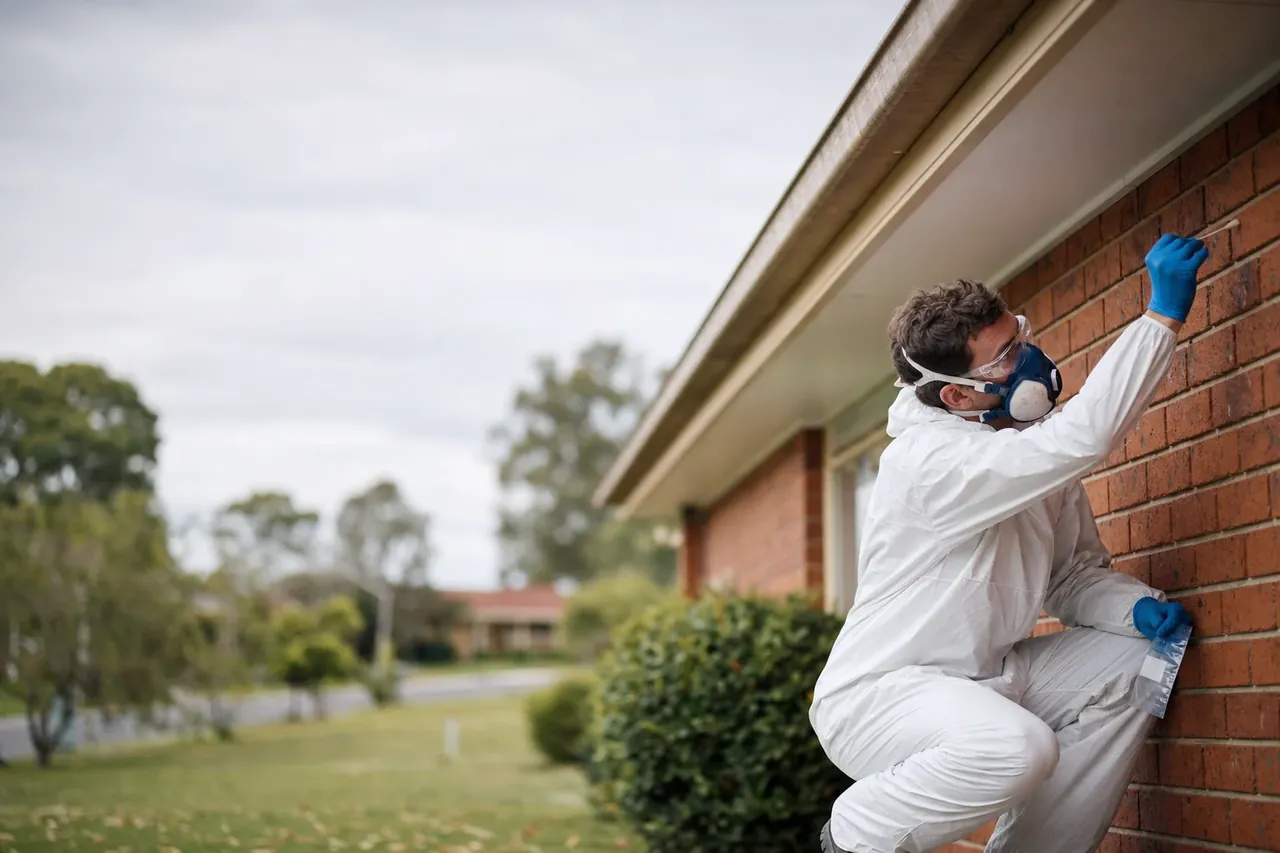 Licensed asbestos assessor in protective coveralls and respirator taking a sample from an older Perth brick home